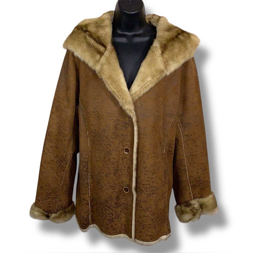 XL Dennis Basso Hooded Brown Beige Faux Leather Faux Fur Coat Western